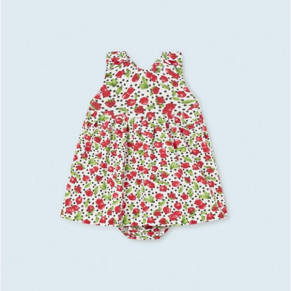 Size 12 months Mayoral White Dress with Red Cherry and Green Leaf Print
